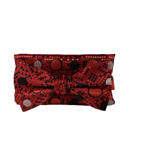 Stacy Adams Men's Bow Tie Hanky Set Red Black Beige Polka Dot Ready Tied New - Picture 3 of 5